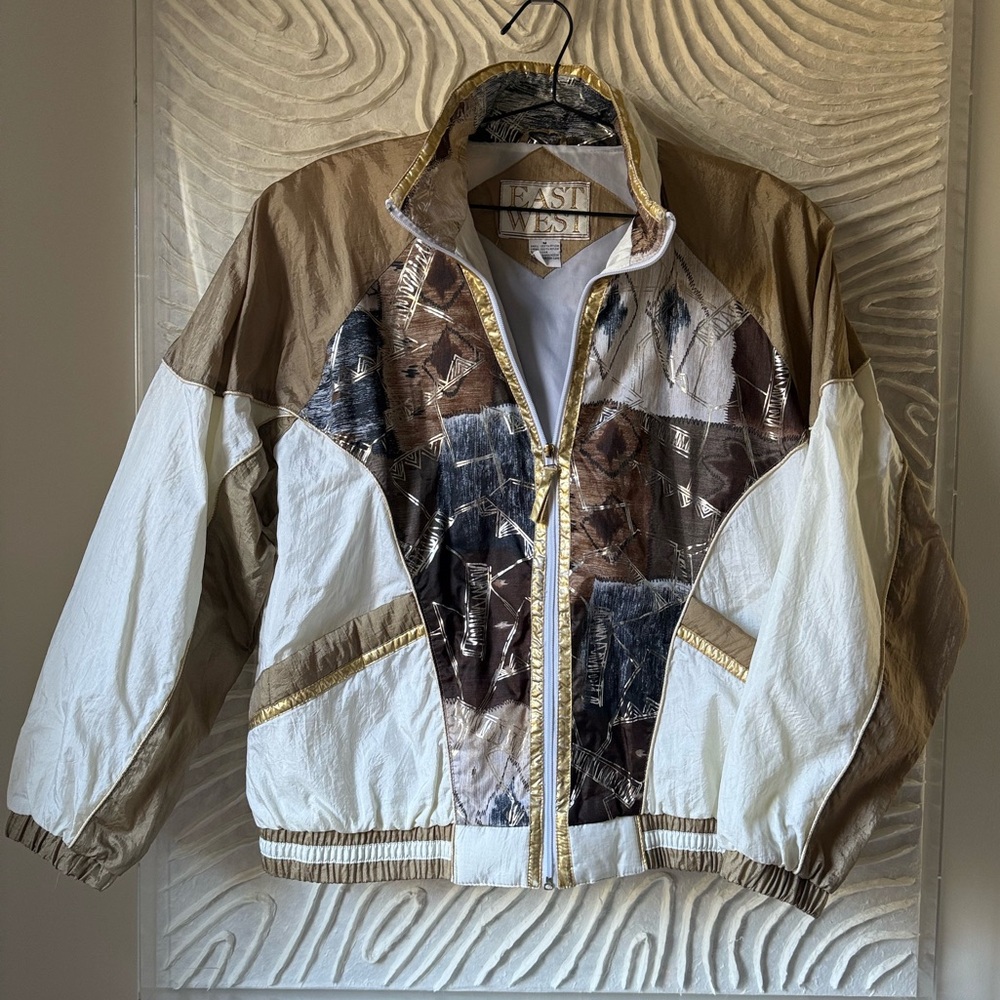 VTG East West Action Design Nylon Windbreaker Jacket Retro Abstract Streetwear M